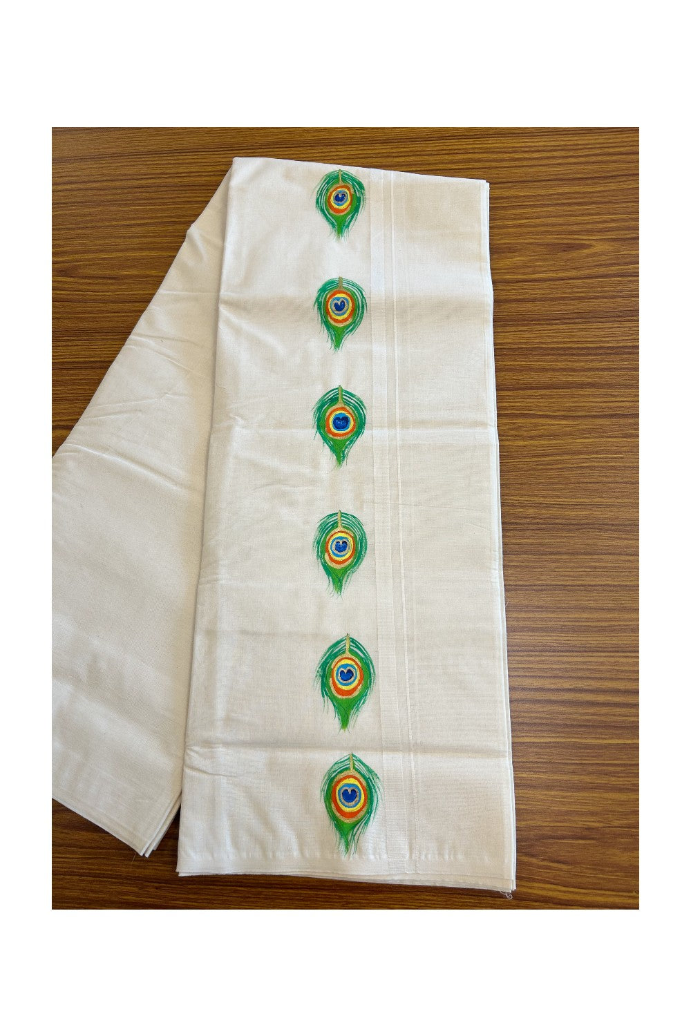 KaithariKada Balaramapuram 100% Cotton Double Off white - (Unbleached) Mundu/Dhoti-100x80 0.75 inch Hand Painted Peacock Feather Design Kara - 10KK5083ASH