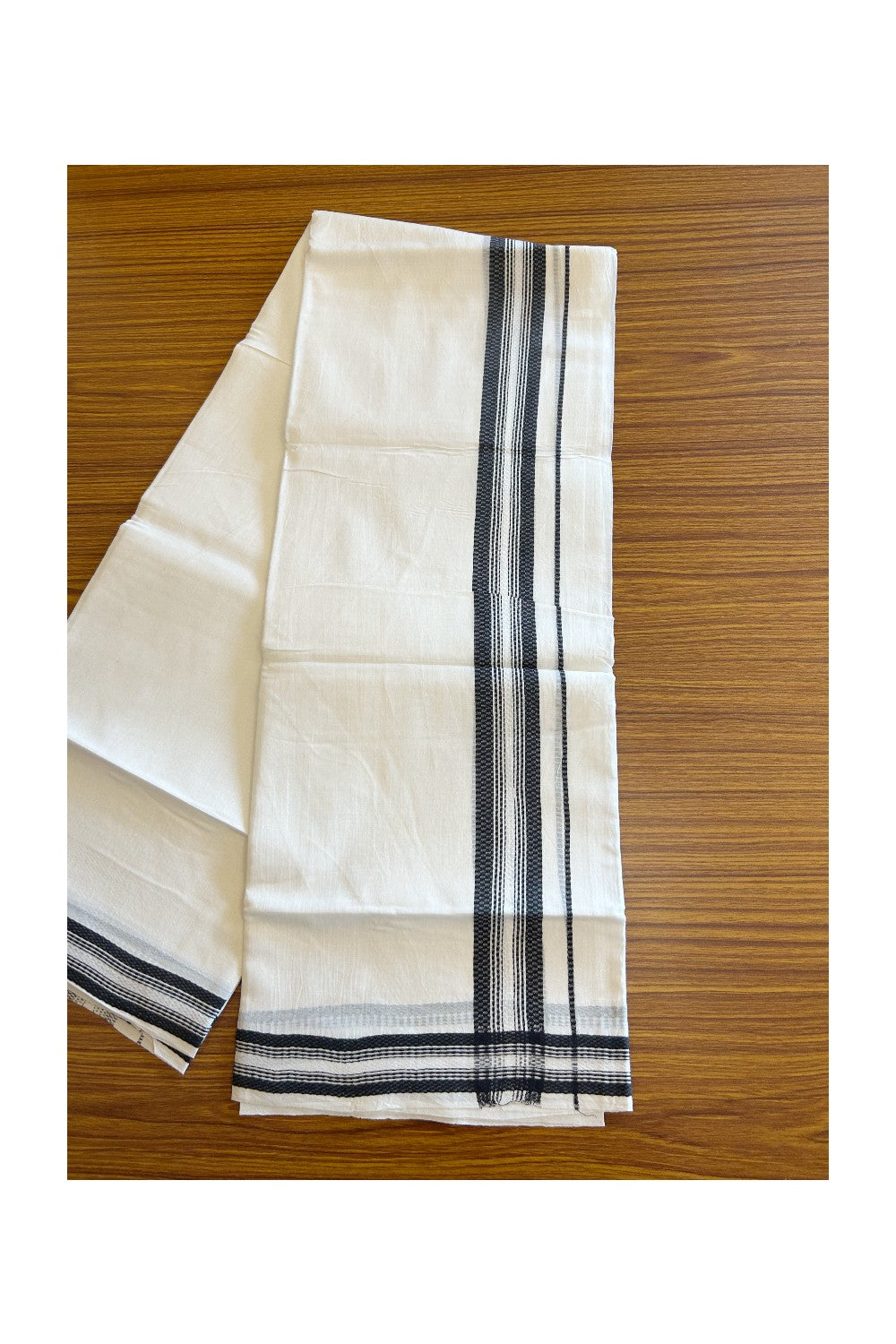 20% DISCOUNT! KaithariKada Balaramapuram 100% Cotton PURE WHITE Double Mundu/Dhoti - 100x80 - 1.75 inch Black Centre Stripes design kara - 10KK5109THI