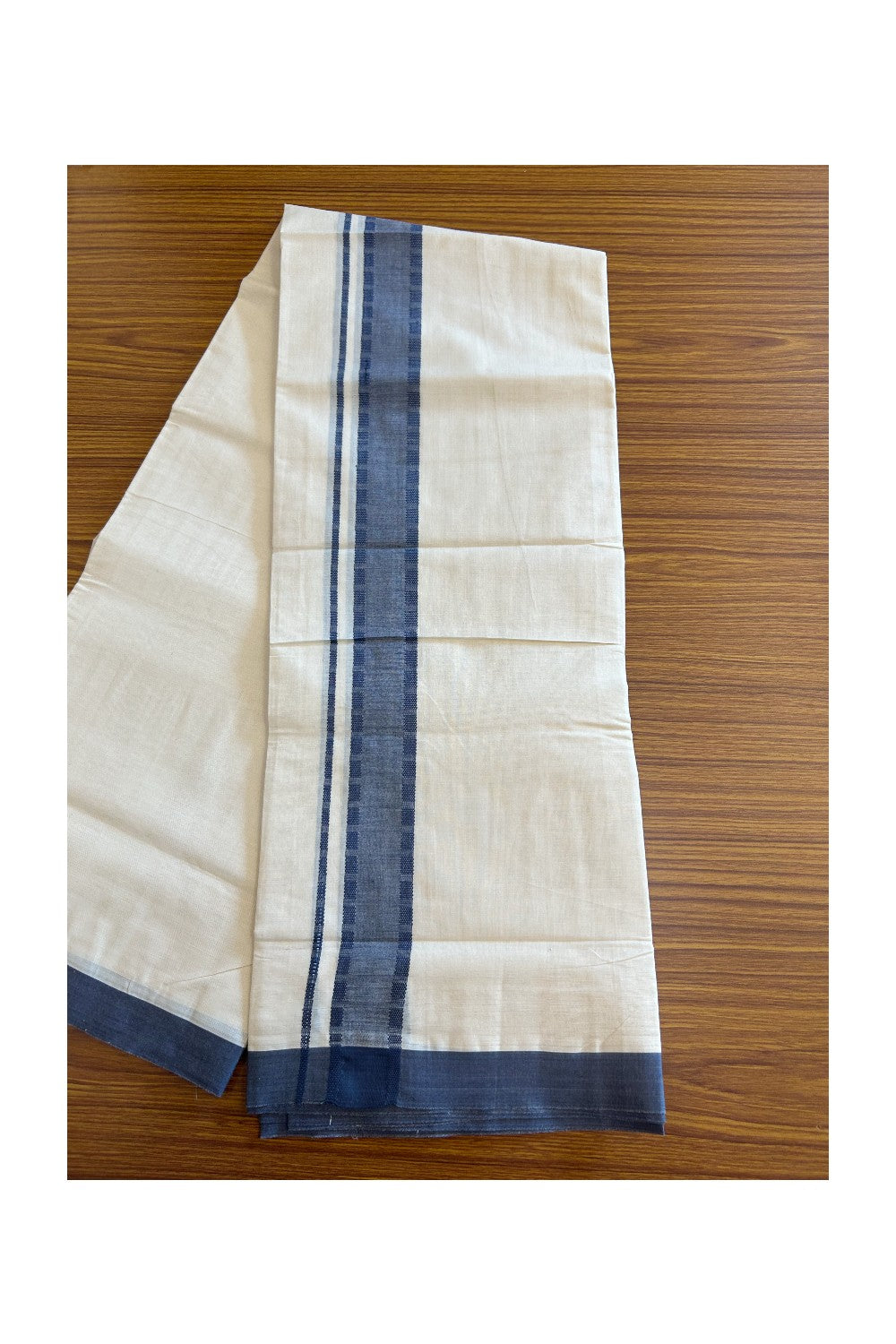 19% DISCOUNT! KaithariKada Balaramapuram 100% Cotton  Off white (Unbleached) Double Mundu/Dhoti-100x100 1.75inch Blue Design kara - 10KK5110THI