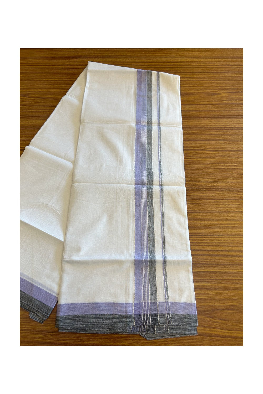 20% Discount !! KaithariKada Balaramapuram Double PURE WHITE Mundu/Dhoti- 100x80 - 2.25 inch Violet & Black Shaded with Silver Striped kara - 3.90 mtr - 10KK5112PMC