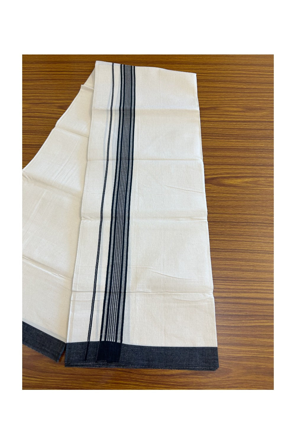 8% Discount ! Kaitharikada Balaramapuram 100% Cotton OFF WHITE SINGLE Mundu/Dothi (40s) - 2 inch Black & White shaded Stripes Kara (2 meter / 4 muzham) - 10KK5114THI