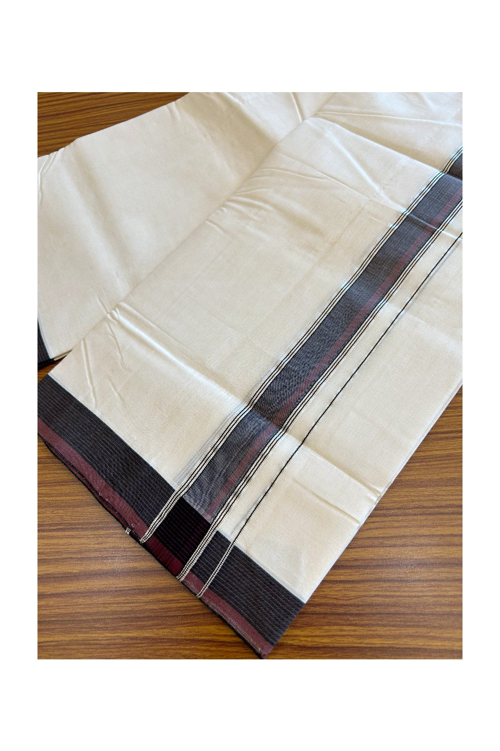 30% DISCOUNT! KaithariKada BALARAMAPURAM HANDLOOM UNAKKUPAAV - 100% PURE Cotton Off white (Unbleached) Double Mundu/Dhoti - 1.5 inch Maroon & Black Silver Kasav Kara - 10KK5123RAM