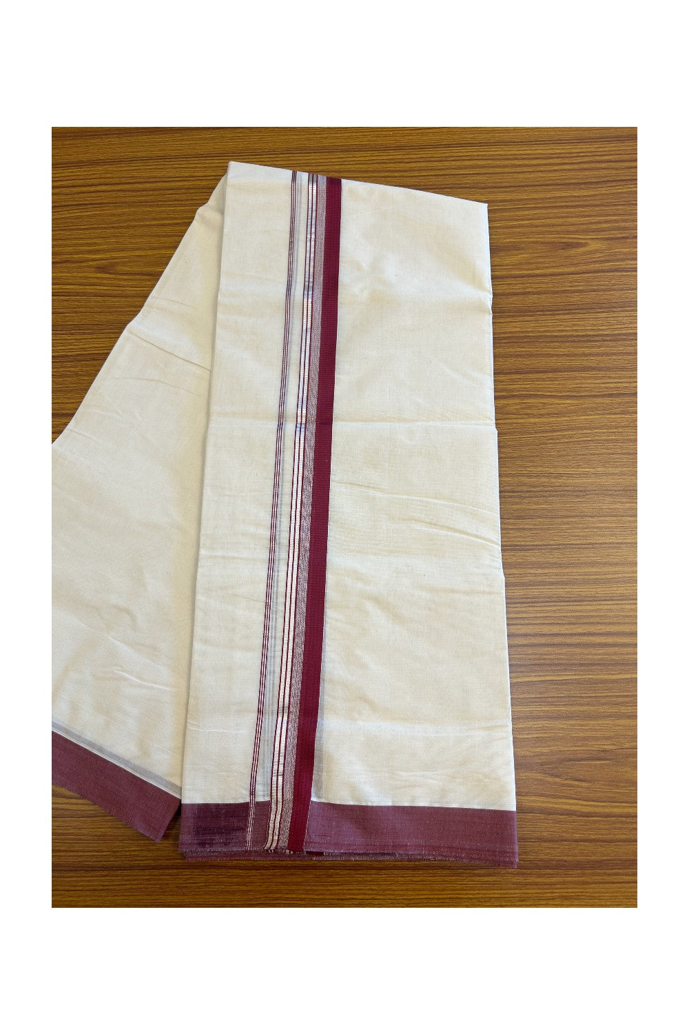 19% DISCOUNT ! KaithariKada 100% Cotton OFF WHITE (Unbleached) Double Dhoti/Mundu-100x100 - 2 inch Maroon & Silver Striped Kara 4.50 Meters - 10KK5133ASH