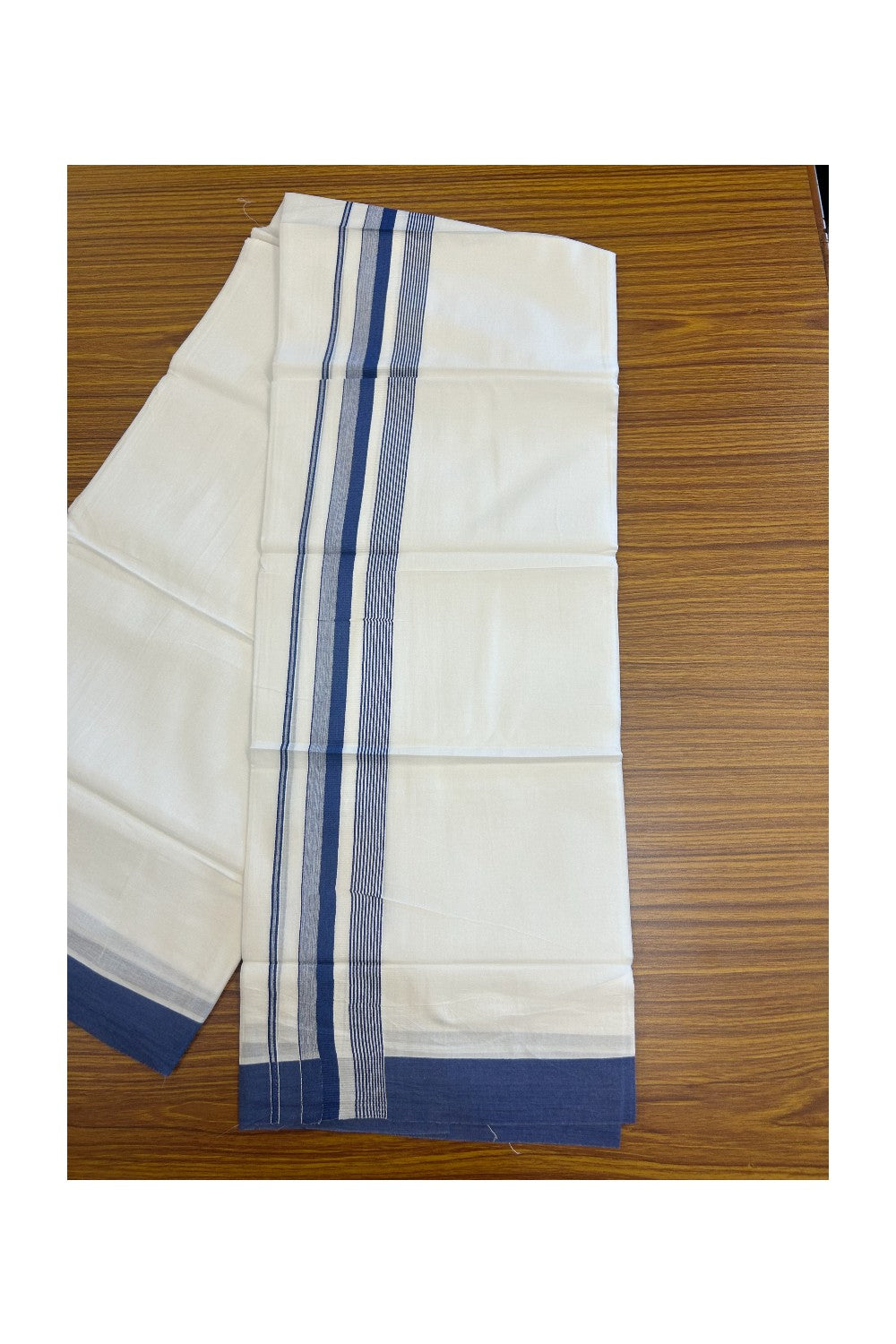 20% DISCOUNT! KaithariKada Balaramapuram 100% Cotton Double PURE white Mundu/Dhoti - 100x80 - 2 Inch Blue Striped Kara - 10KK5135GAN