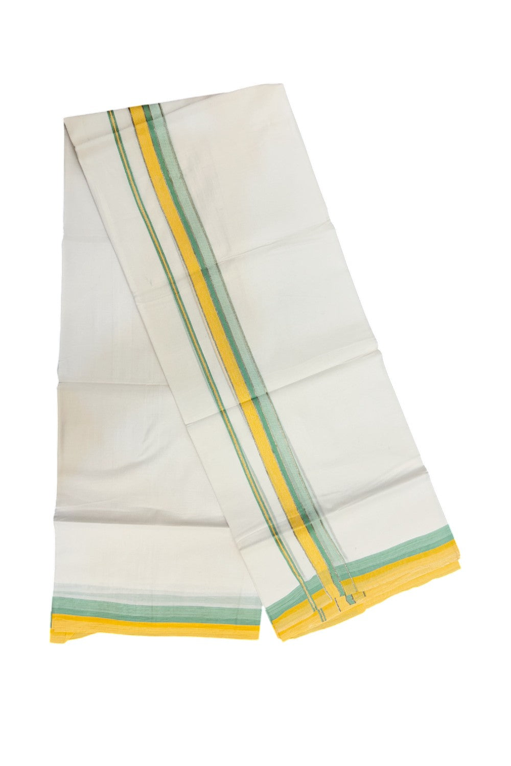 19% Discount !! KaithariKada Balaramapuram Double PURE WHITE Mundu/Dhoti- 100x80 - 1.25 inch Yellow Green Kara Silver Striped kara - 10KK5143PMC