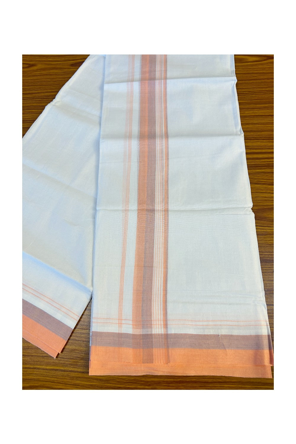 21% DISCOUNT!! Kaitharikada Balaramapuram 100% Cotton Ultra WHITE Double Mundu/Dothi-100x80 Peach & WHITE STRIPED Cotton Kara -10KK63VAS