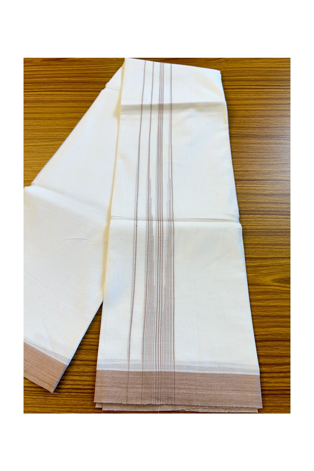 22% DISCOUNT!! Kaitharikada Balaramapuram 100% Cotton Ultra WHITE Double Mundu/Dothi-100x100  2.25 Inch LIGHT BROWN Striped Cotton Kara 3.80m- 10KK74RAM