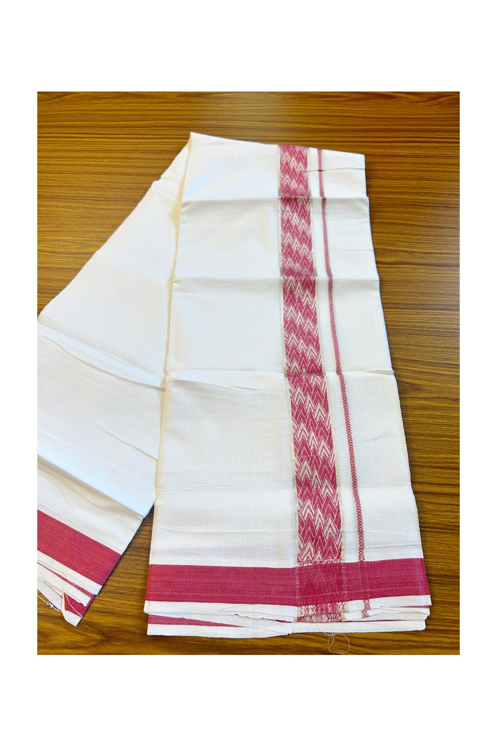 20% DISCOUNT! KaithariKada Balaramapuram 100% Cotton Double PURE white Mundu/Dhoti-100x100   2.25 Inch Silver kasavu dark pink pattern Kara  - 10KK79PMC