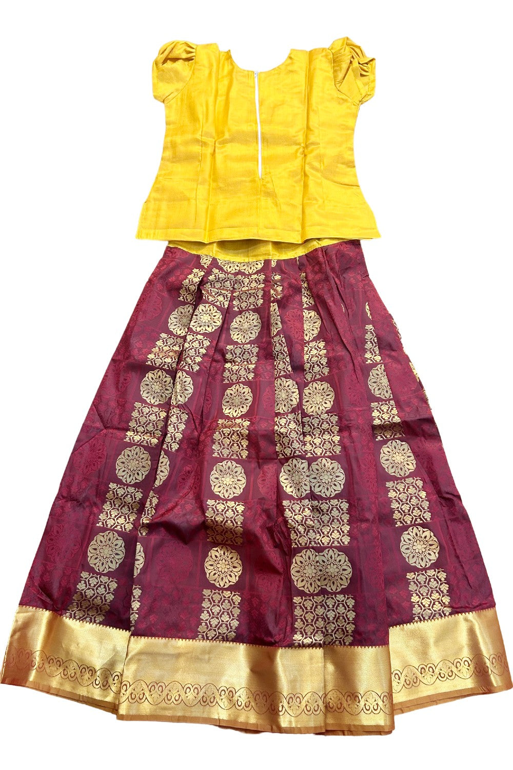 Midukki-Traditional South Indian Kids Pattu Pavada- Yellow tissue top dark maroon skirt with emboss work- Age 15&16 - KK15&16MID0010