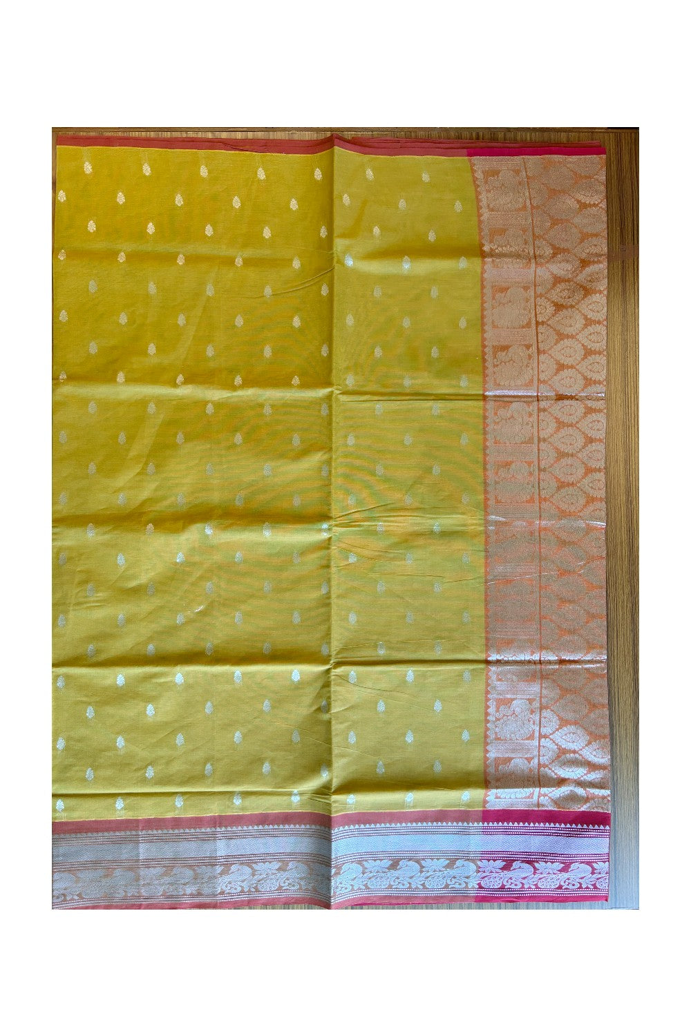 KaithariKada- Balaramapuram Saree - 100% PURE Cotton Silk - Mustard Yellow & Chillly Red. Design -10KK1005PAN.