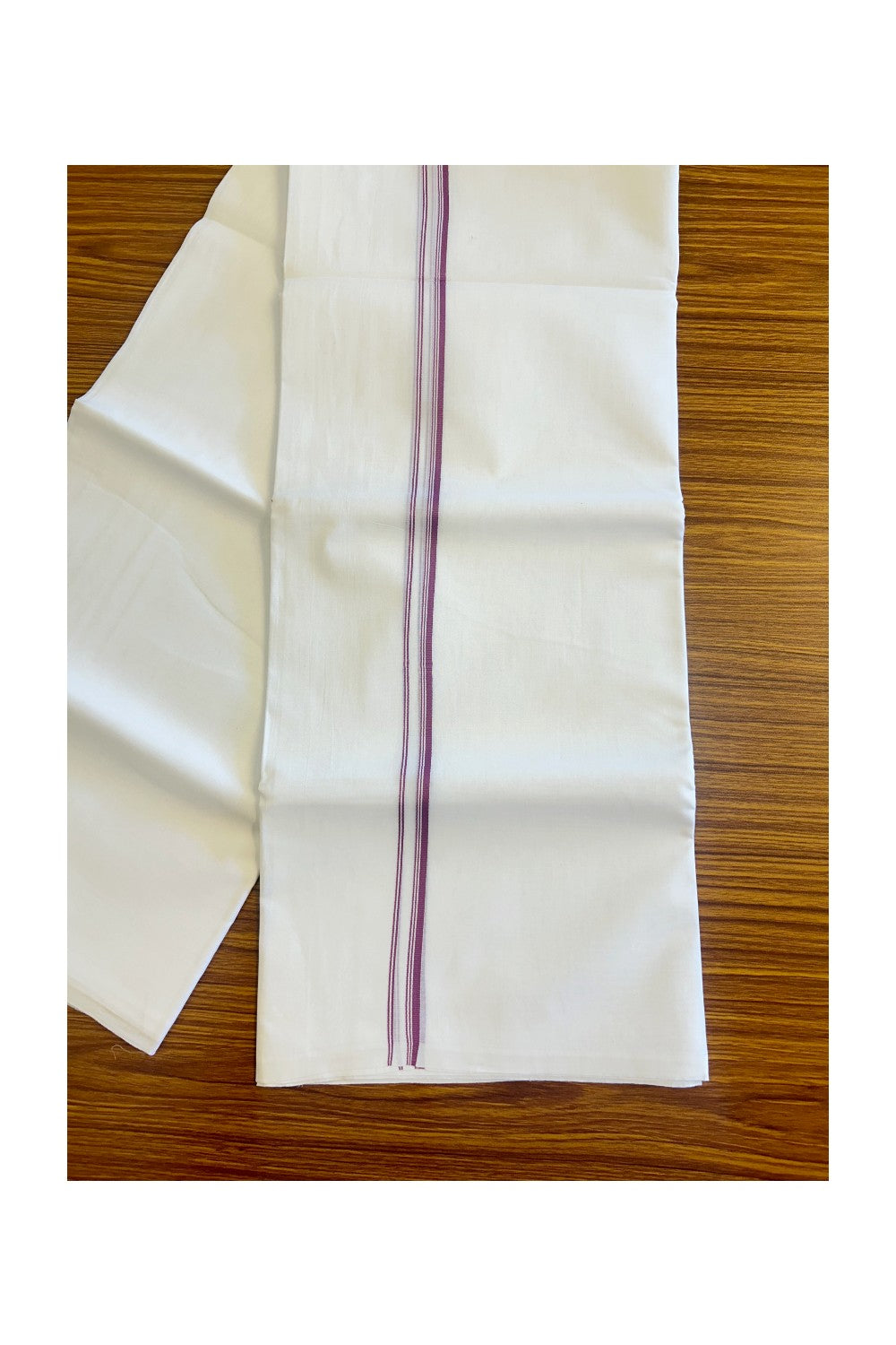 26% DISCOUNT ! KaithariKada Balaramapuram 100% Cotton Double Pure white Mundu/Dhoti-100X100 - Light Magenta & Stripes 2cm Kara.- 10KK406ASH