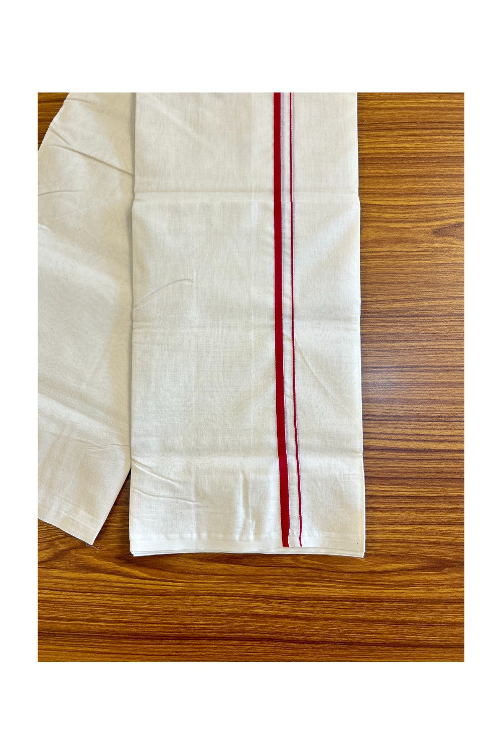 18% DISCOUNT ! KaithariKada Balaramapuram 100% Cotton Double Off white Mundu/Dhoti-100X100- 2. cm Brick Red Kara.- 10KK417ASH