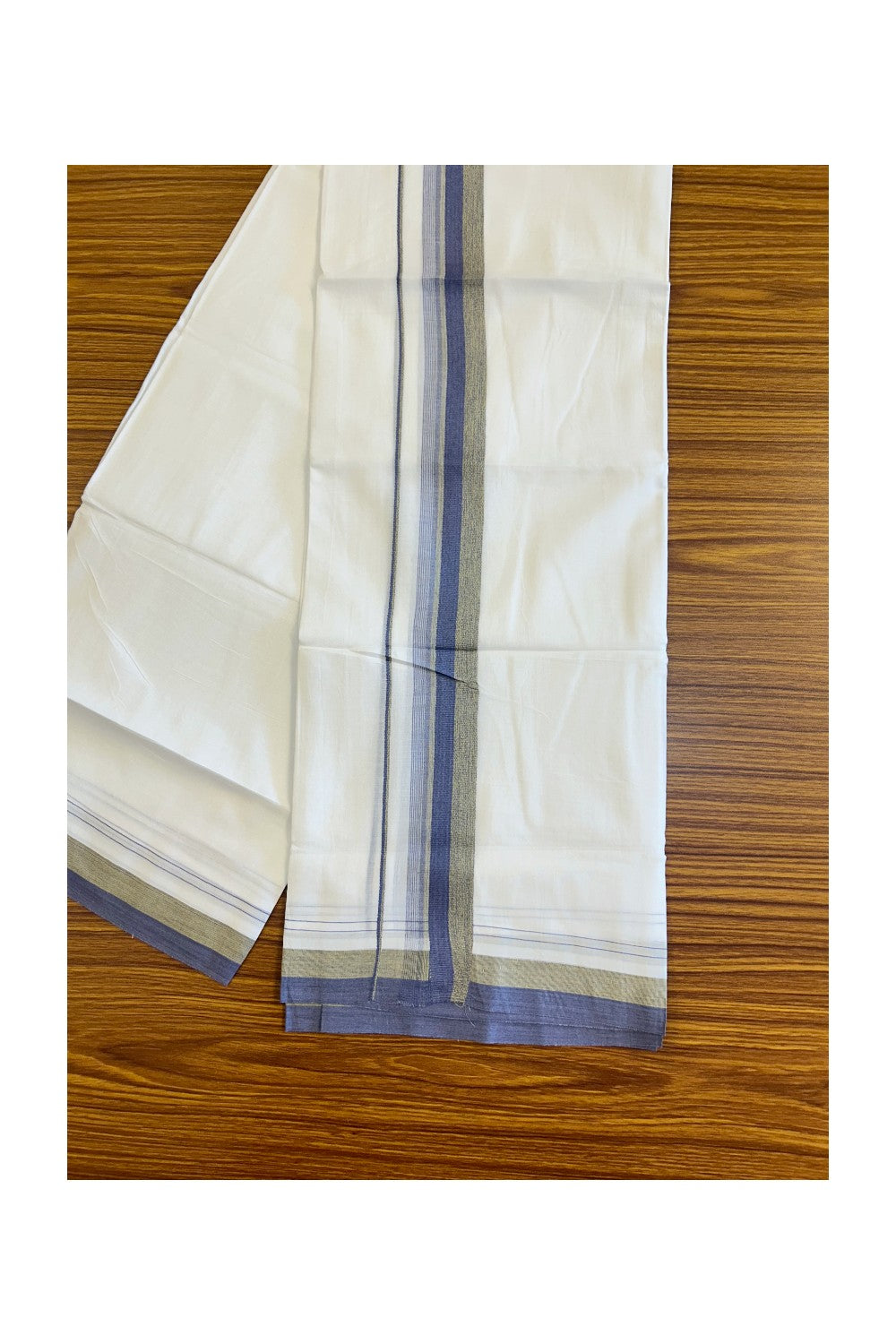 26% DISCOUNT!!! KaithariKada Balaramapuram 100% Cotton PURE white Double Mundu/Dhoti-100x90   2.25 Inch Blue + Yellow shaded stripes kara  - 10KK448VIN