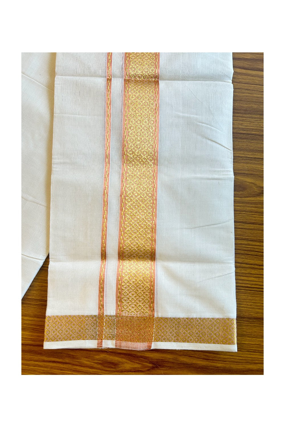 20% DISCOUNT!! KaithariKada HANDLOOM UNAKKUPAAV Balaramapuram - 100% PURE Cotton OFF White Double Mundu/Dothi - 3 Inch Kasavu & Copper designer Kara - 10KK456KK