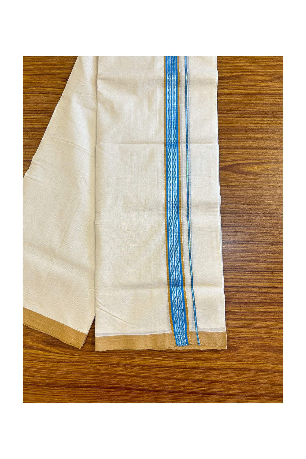 15% DISCOUNT!! KaithariKada HANDLOOM UNAKKUPAAV Balaramapuram - 100% PURE Cotton OFF White (Unbleached) Double Mundu/Dothi - Silver kasavu Pattern Sky blue & Light brown kara 3.75m (8.30 Muzham) - 10KK458SOM