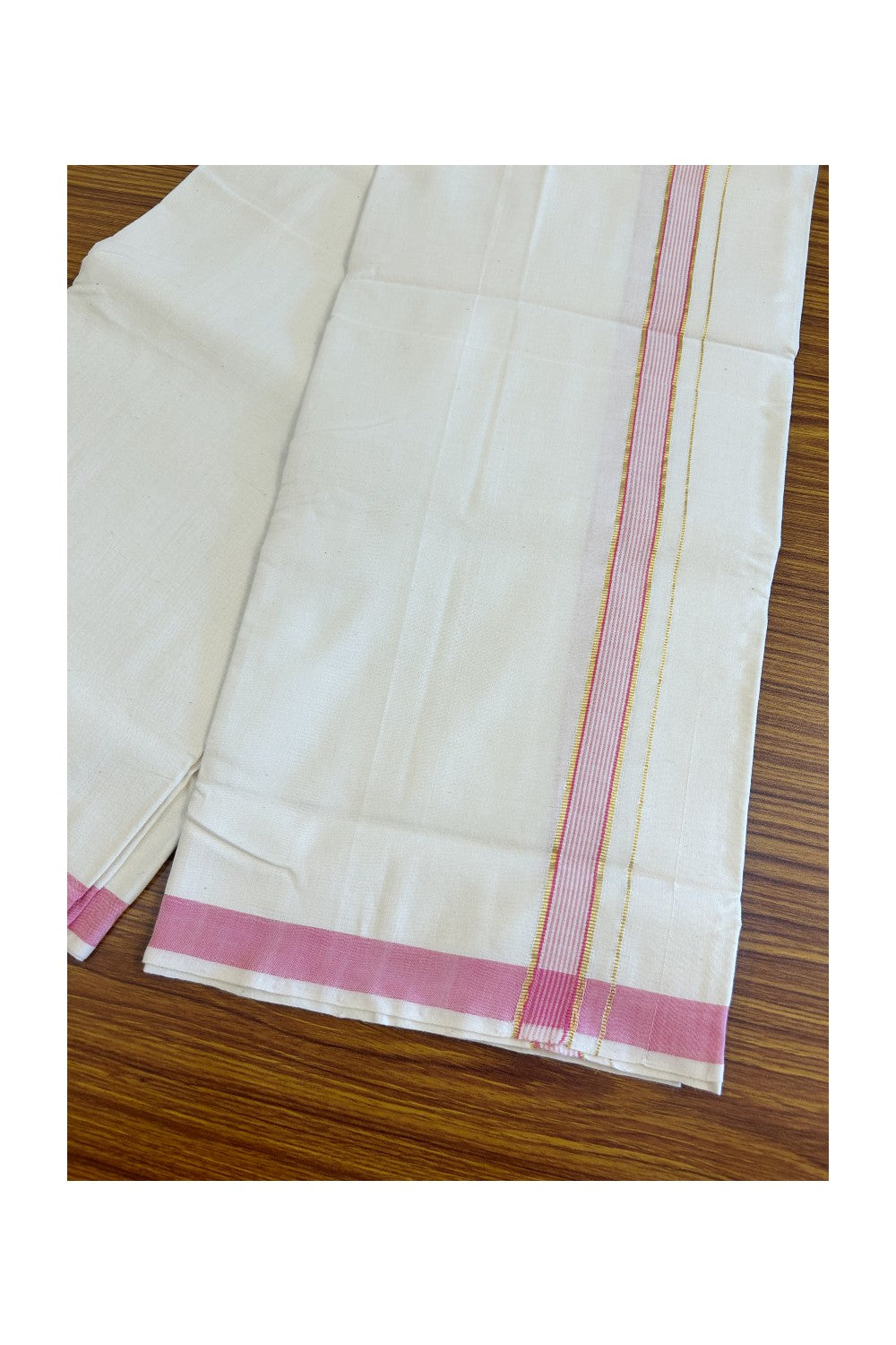 32% Discount KaithariKada 100% Cotton Balaramapuram HANDLOOM Single Mundu/Dhoti - Off White (Unbleached)1.45 inch Kasavu & Pink striped Kara  - 10KK499KK