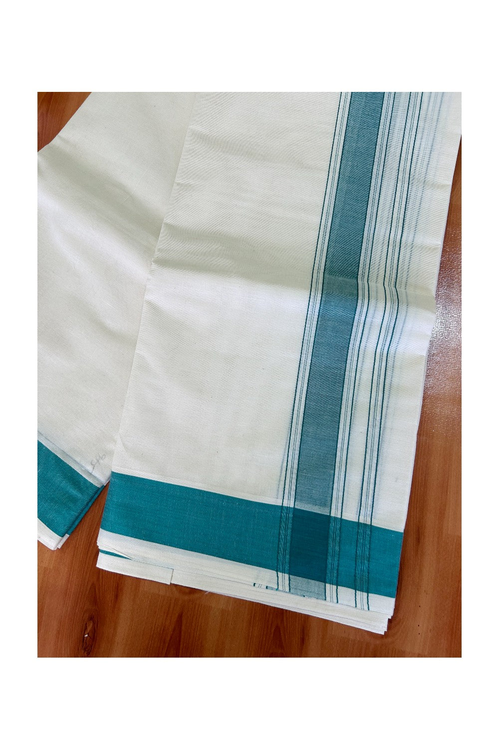 36% Discount KaithariKada 100% Cotton Off White - (Unbleached) - Pure Cotton - 100x100 thread - NORTH INDIAN- ATTACHED GAMCHA 9X5 Dhoti Light Peacock Green STRIPED 2.65 inch  kara - 10KK5004PMC