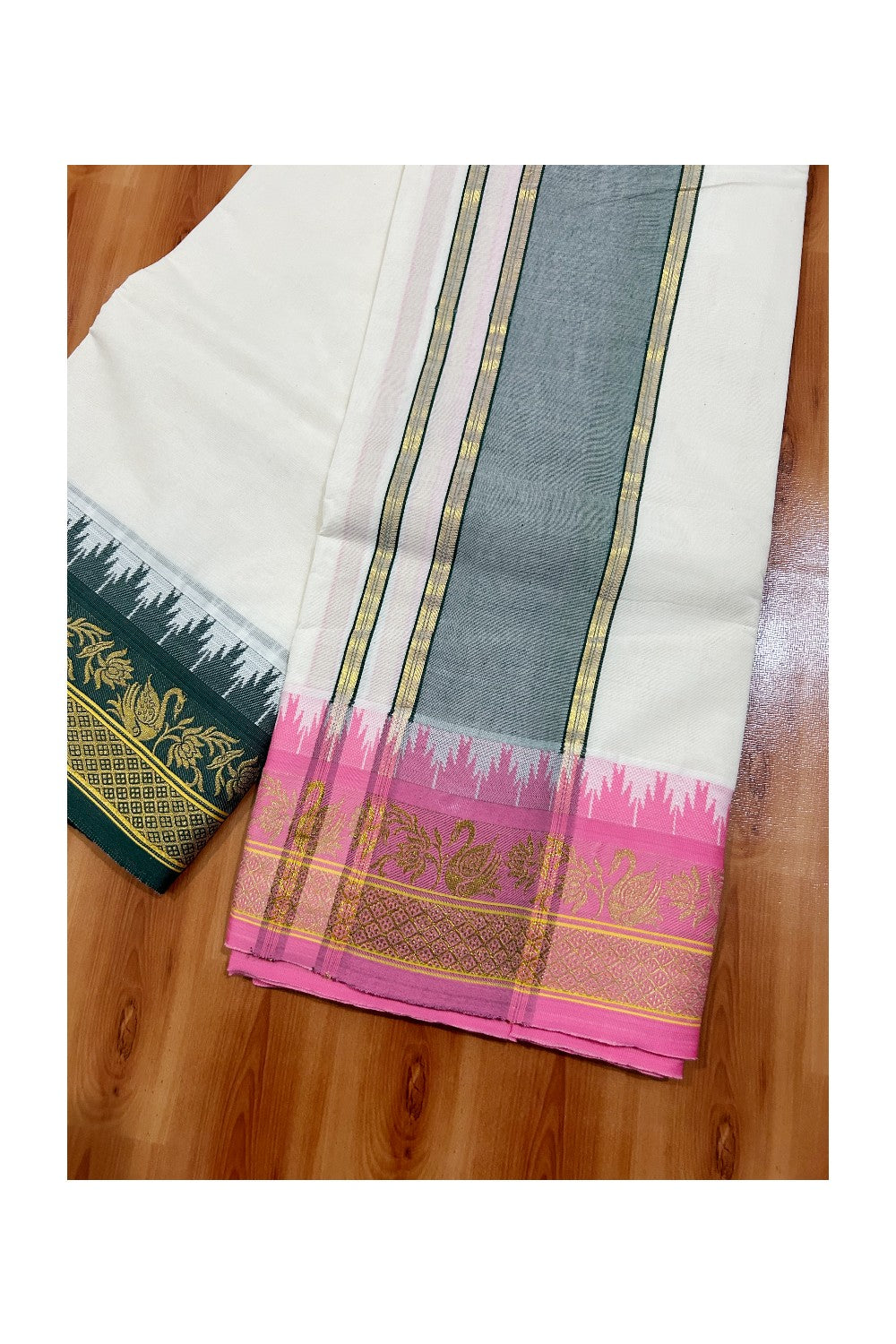 37% DISCOUNT! KaithariKada - Cotton Mix - Off White - (Unbleached)- 80 x80 thread - 80% Cotton & 20% Polyester - NORTH INDIAN  ATTACHED GAMCHA 9X5 Dhoti 5 inch Green kara with Pink & Green Kasavu Design border  - 10KK5005PMC