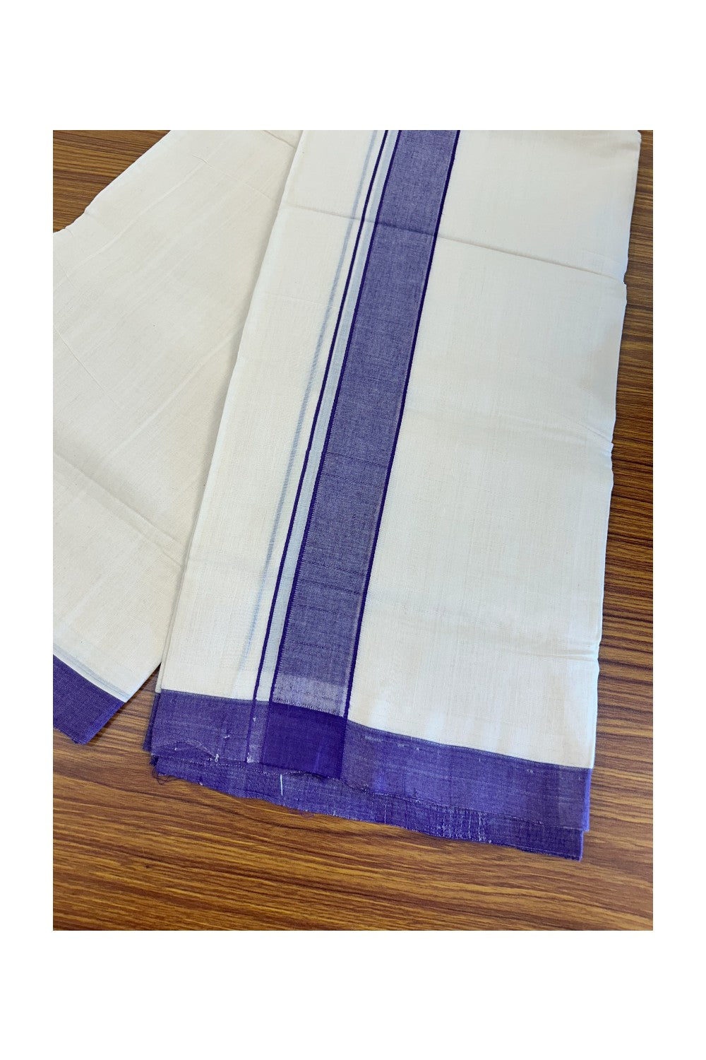 KaithariKada Balaramapuram 100% Cotton Double Off white Mundu/Dhoti-100x100 2.25  inch Violet Kara - 10KK500KK