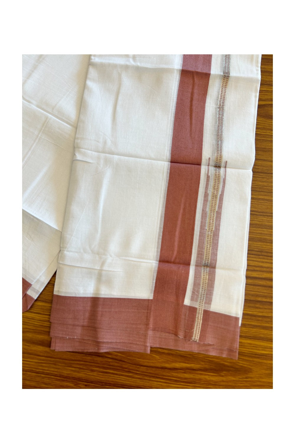 Kaitharikada  Balaramapuram 100% Pure Cotton PURE WHITE Double Mundu/Dothi - 80x92 - 1.5 Inch Brick Red & Silver Chutty kara - 10KK5022VAN