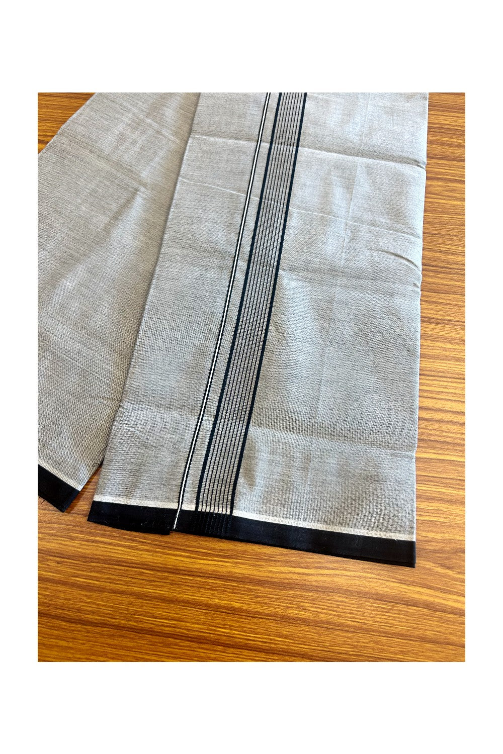 35% Discount !! KaithariKada 100% Pure Cotton - Colour Mundu Single Mundu/ Dhothi Ash Grey COLOUR BODY &  Black Striped 1.5 inch Kara- 10KK5030ASH