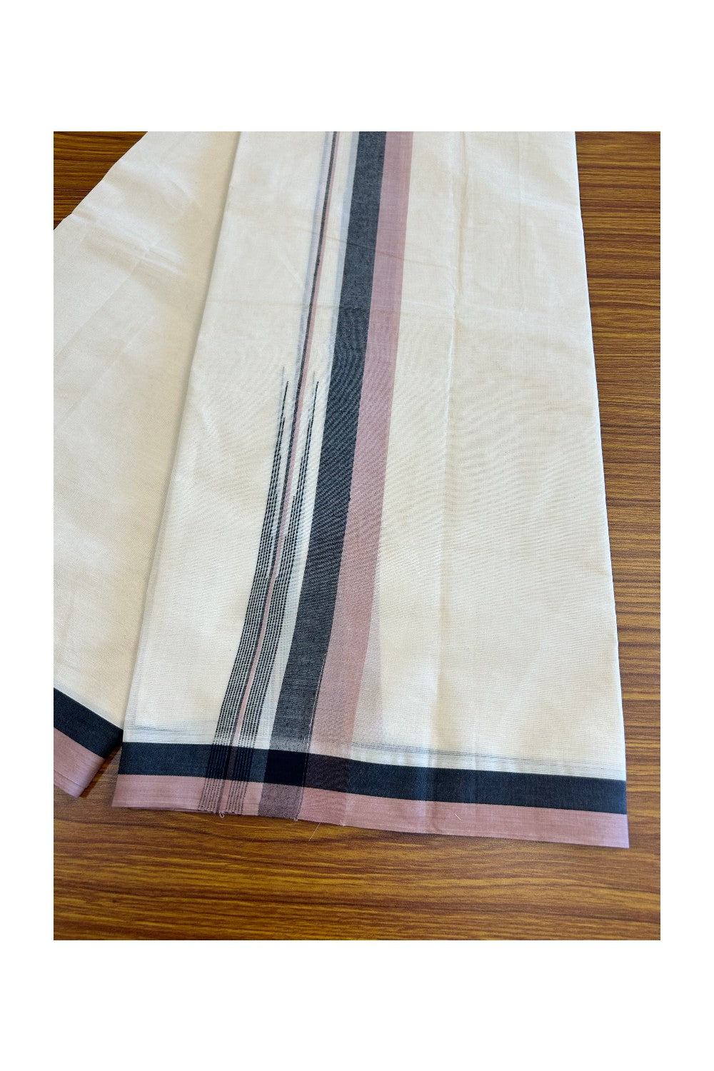 5% Discount!!! KaithariKada Balaramapuram  Double Off white - (Unbleached) Mundu/Dhoti - 80X90 - 1.75 inch Black & Dusty Rose shaded puliyilakkara striped chutty - 10KK5037KAI