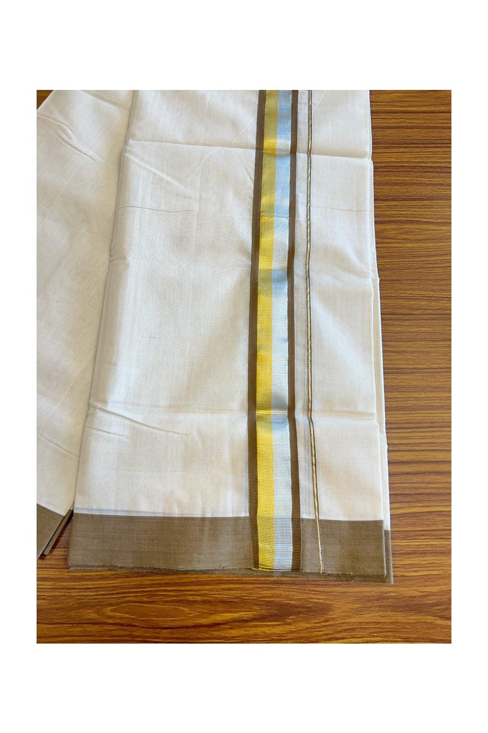 21% Discount KaithariKada HANDLOOM Unakkupaav Balaramapuram - 100% PURE Cotton Double Mundu/Dhoti -  2.25 inch Silver & Gold Kasavu with brown Kara-164