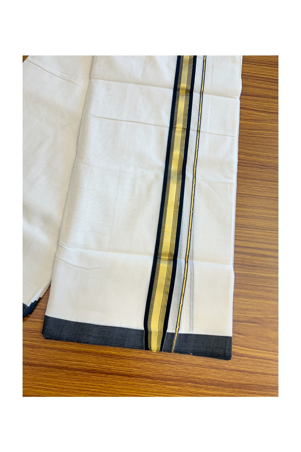 21% Discount KaithariKada HANDLOOM Unakkupaav Balaramapuram - 100% PURE Cotton Off White Double Mundu/Dhoti - 1.75 inch  Kasavu & Black 3 design Kara-215