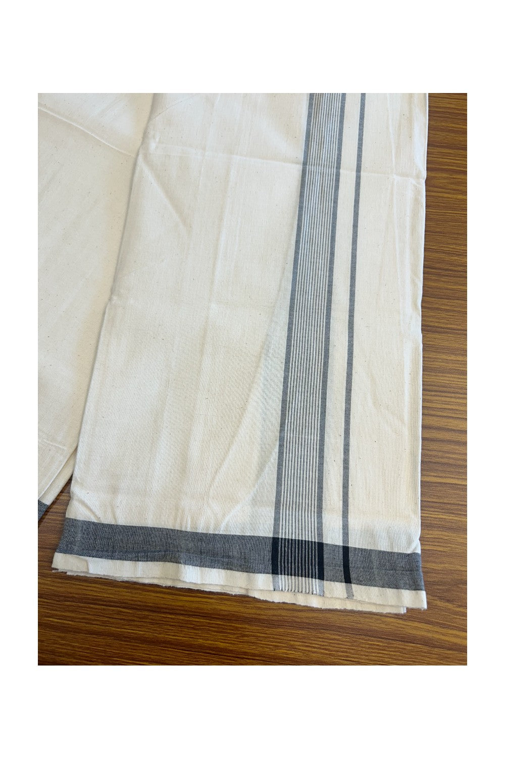 32% Discount KaithariKada 100% Cotton Balaramapuram HANDLOOM Single Mundu/Dhoti - Off White (Unbleached) 2inch Black Kara Stripes-319