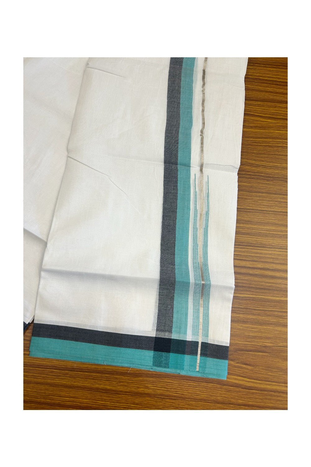 19% Discount!!! KaithariKada Balaramapuram  PURE WHITE Double Mundu/Dhoti - 80X90 - 2.25 inch Silver kasavu Black & Turquoise green  puliyilakkara striped chutty kara 3.85 meters - 10KK5058GUN