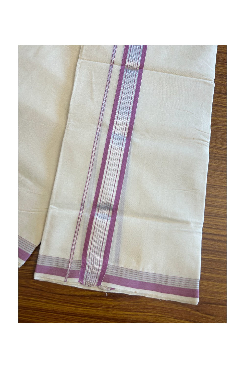 10% DISCOUNT! KaithariKada Balaramapuram Handloom 100% Cotton Double Off white (Unbleached) Mundu/Dhoti-100X100- 2.5  inch Silver Kasavu & Violet  Kara.-4.