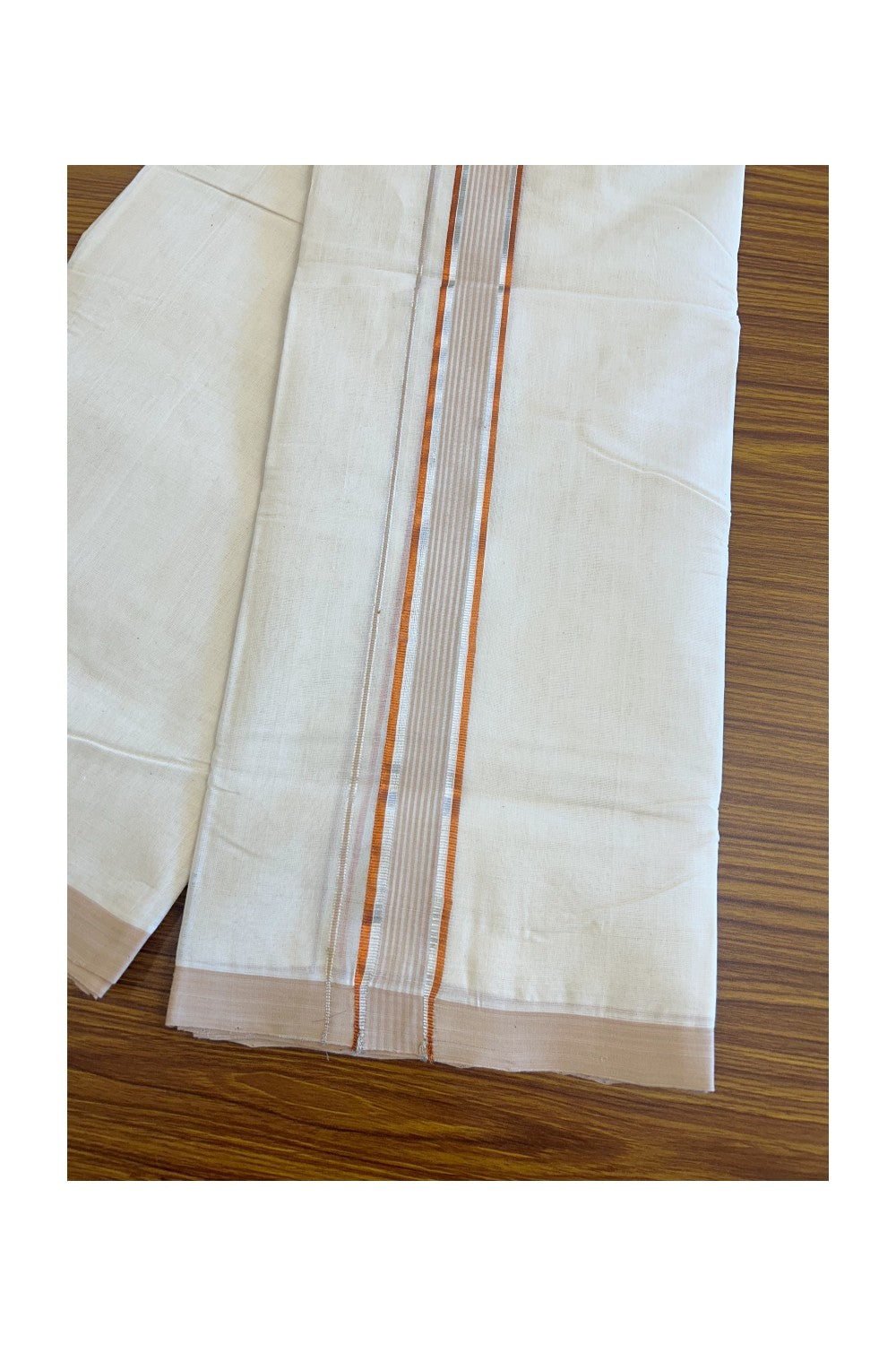 24% DISCOUNT!! KaithariKada HANDLOOM Millpaav Balaramapuram - 100% PURE Cotton OFF White - (Unbleached)  Double Mundu/Dothi - Silver & Copper Kasavu with White & Cream Stripes - 3KK56RAM