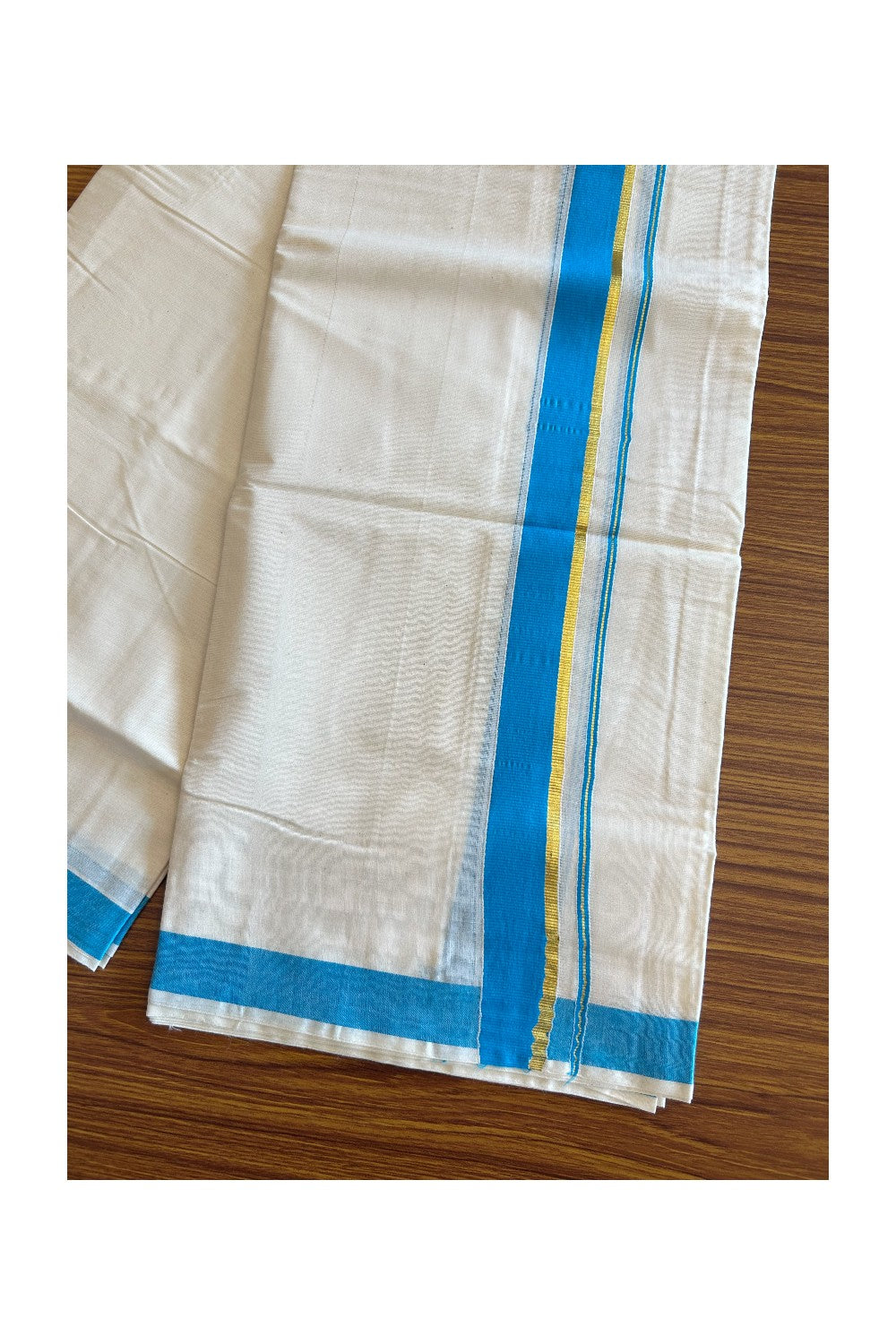 10% Discount! KaithariKada Balaramapuram 100% Cotton Off White - (Unbleached) Double Mundu/Dhoti-80x72 SKY BLUE & KASAVU - 10KK57VIN