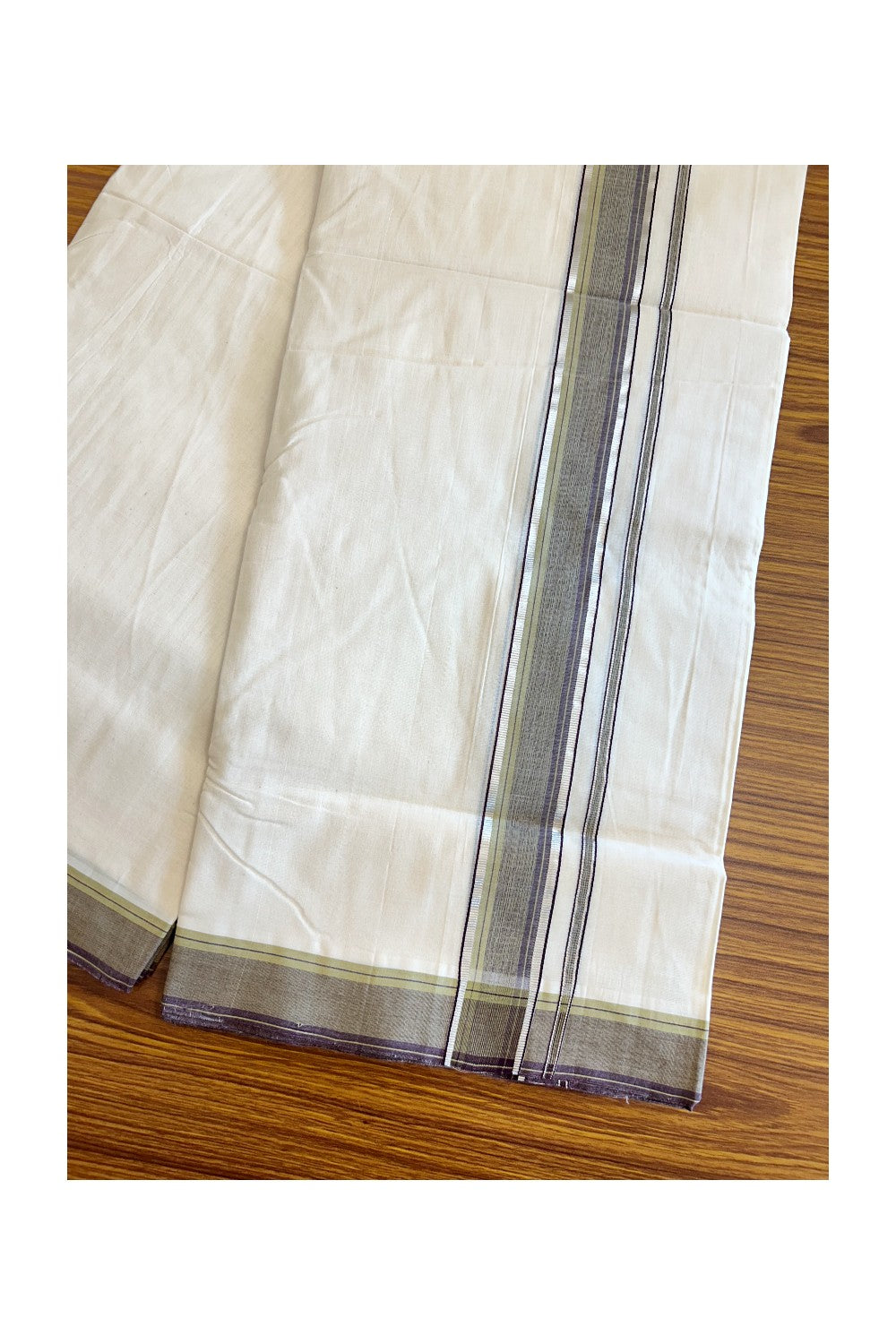 21% DISCOUNT!! KaithariKada HANDLOOM Unakkupaav Balaramapuram - 100% PURE Cotton OFF White (Unbleached) Double Mundu/Dothi - 2.25 inch Violet Green & Silver striped pattern kara - 50KK403RAM