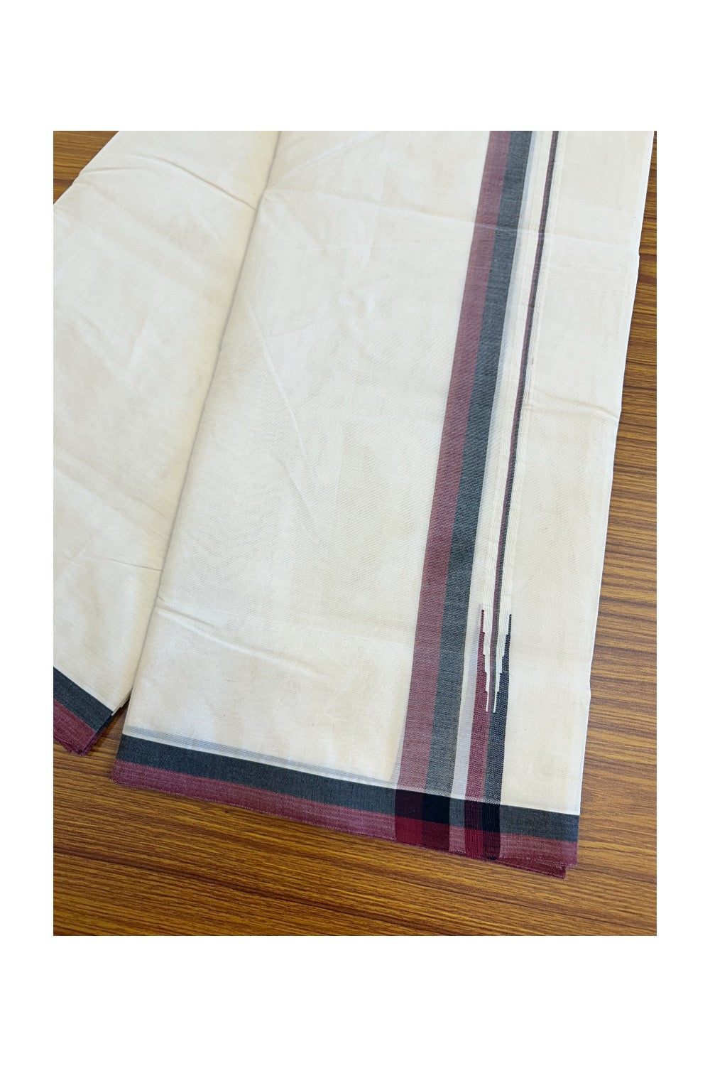 DMK Veshti - 21% Discount !! KaithariKada Balaramapuram Double Off white - (Unbleached) Mundu/Dhoti - 100X100 - 1.15 inch Puliyilakkara Maroon & Black  Chutty Kara - 10KK5074ASH