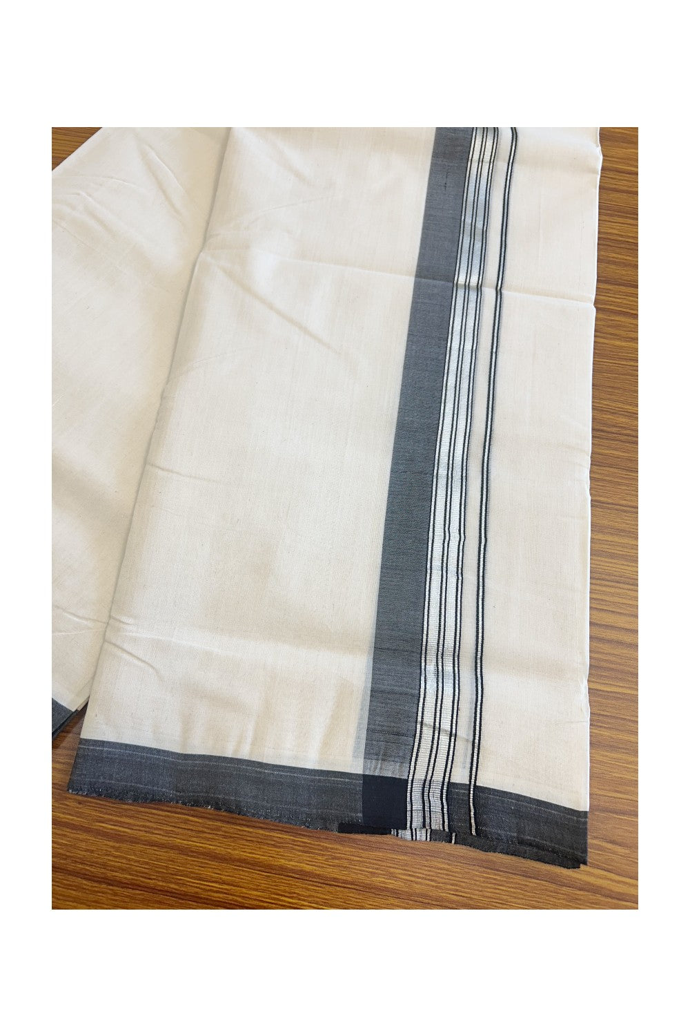 19% Discount !! KaithariKada HANDLOOM millpaav Balaramapuram - 100% PURE Cotton OFF White Double - (Unbleached)  Mundu/Dothi - 2.25  inch Silver kasavu stripes & Black shaded kara 4.5 Meters (10 Muzham) - 10KK5081RAM