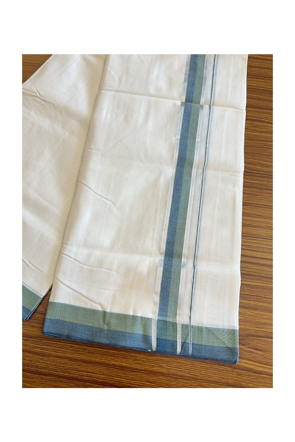 19% Discount !! KaithariKada HANDLOOM UNAKKUPAAV Balaramapuram - 100% PURE Cotton off white - (Unbleached) Double Mundu/Dhoti - 2 inch Silver kasavu Light Green & Peacock Blue Shaded kara - 10KK5082RAM