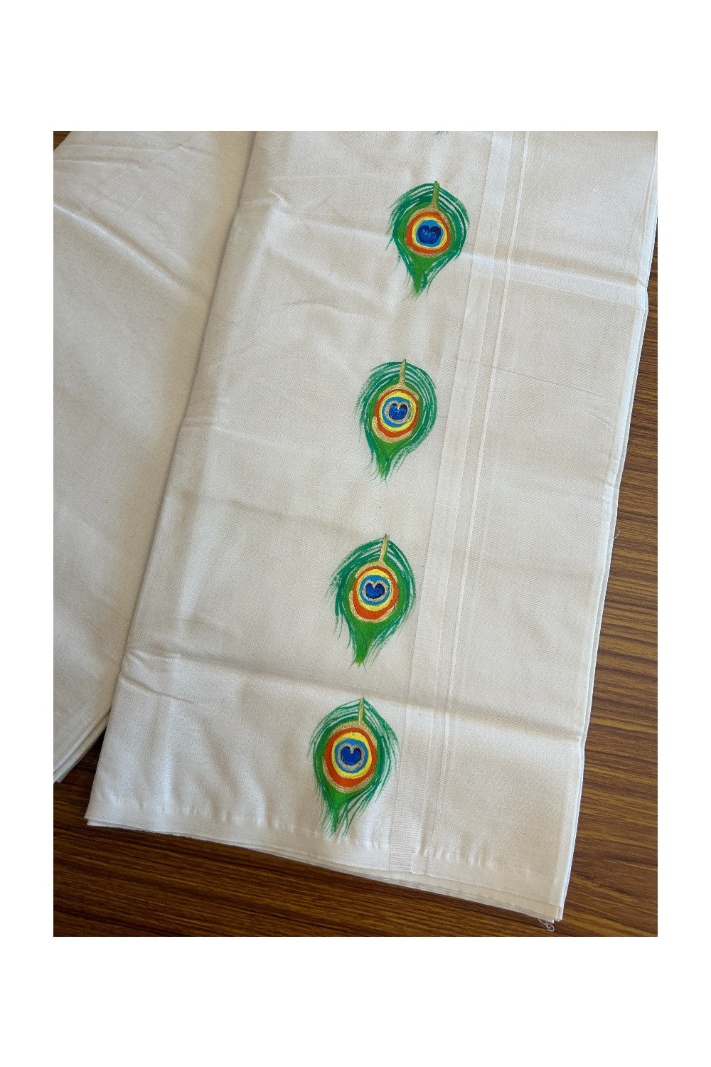 KaithariKada Balaramapuram 100% Cotton Double Off white - (Unbleached) Mundu/Dhoti-100x80 0.75 inch Hand Painted Peacock Feather Design Kara - 10KK5083ASH