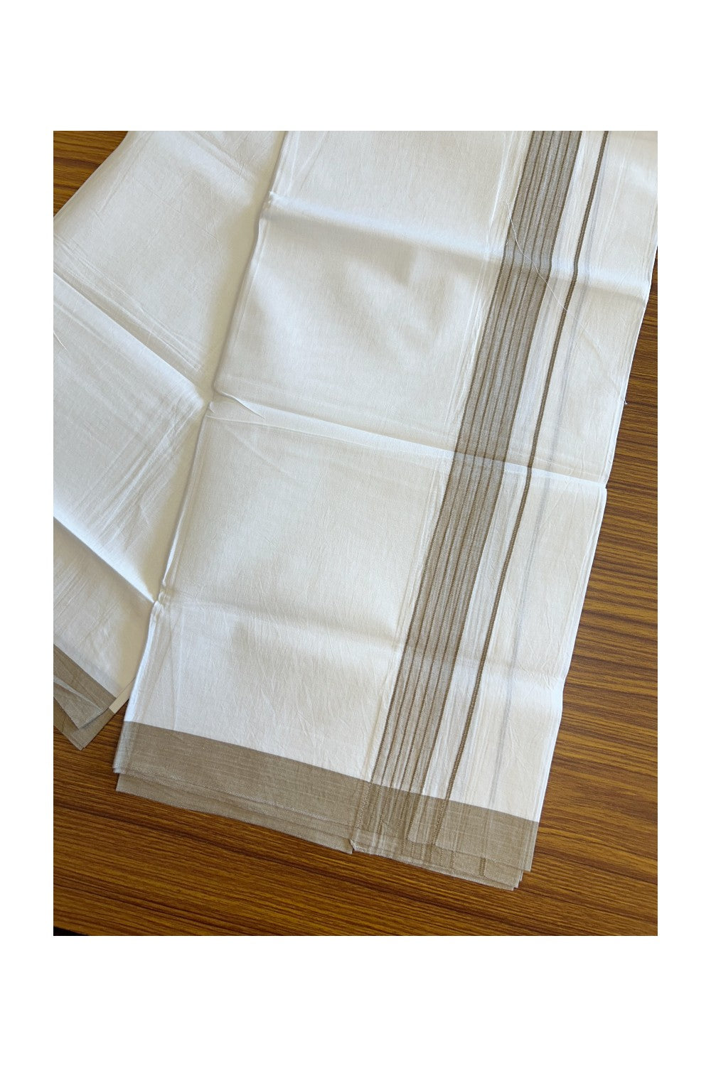 8% Discount ! Kaitharikada Balaramapuram 100% Cotton PURE WHITE SINGLE Mundu/Dothi - 1.75 inch Light Brown Striped Kara (2 meter / 4 muzham) - 10KK5018GAN