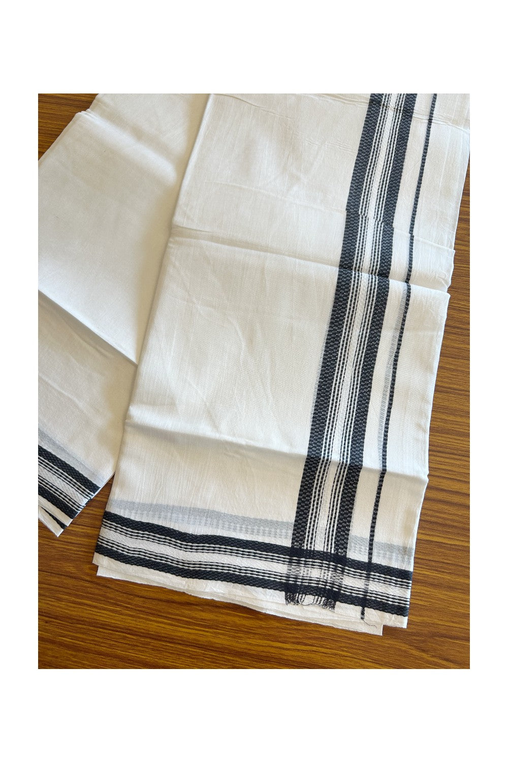 20% DISCOUNT! KaithariKada Balaramapuram 100% Cotton PURE WHITE Double Mundu/Dhoti - 100x80 - 1.75 inch Black Centre Stripes design kara - 10KK5109THI