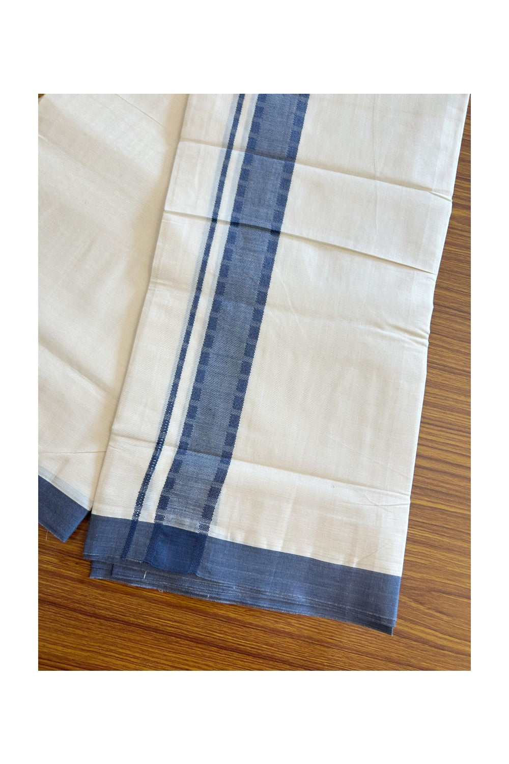 19% DISCOUNT! KaithariKada Balaramapuram 100% Cotton  Off white (Unbleached) Double Mundu/Dhoti-100x100 1.75inch Blue Design kara - 10KK5110THI