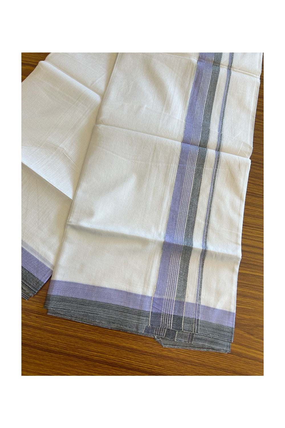 20% Discount !! KaithariKada Balaramapuram Double PURE WHITE Mundu/Dhoti- 100x80 - 2.25 inch Violet & Black Shaded with Silver Striped kara - 3.90 mtr - 10KK5112PMC