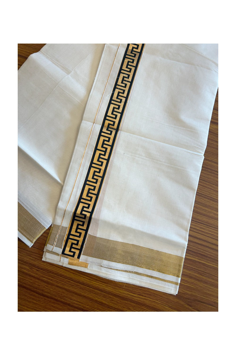 20% DISCOUNT ! KaithariKada Balaramapuram Mixed Cotton OFF White (Unbleached) Double Mundu/Dhoti - 80x80 Thread Mixed Cotton - 2 inch Gold kasavu & Black designer kara - 10KK5113PMC