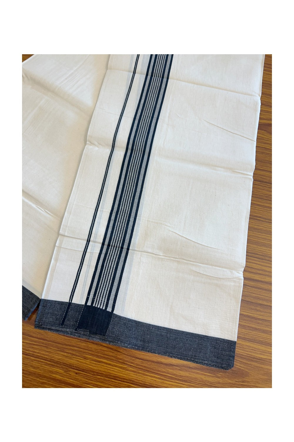 8% Discount ! Kaitharikada Balaramapuram 100% Cotton OFF WHITE SINGLE Mundu/Dothi (40s) - 2 inch Black & White shaded Stripes Kara (2 meter / 4 muzham) - 10KK5114THI