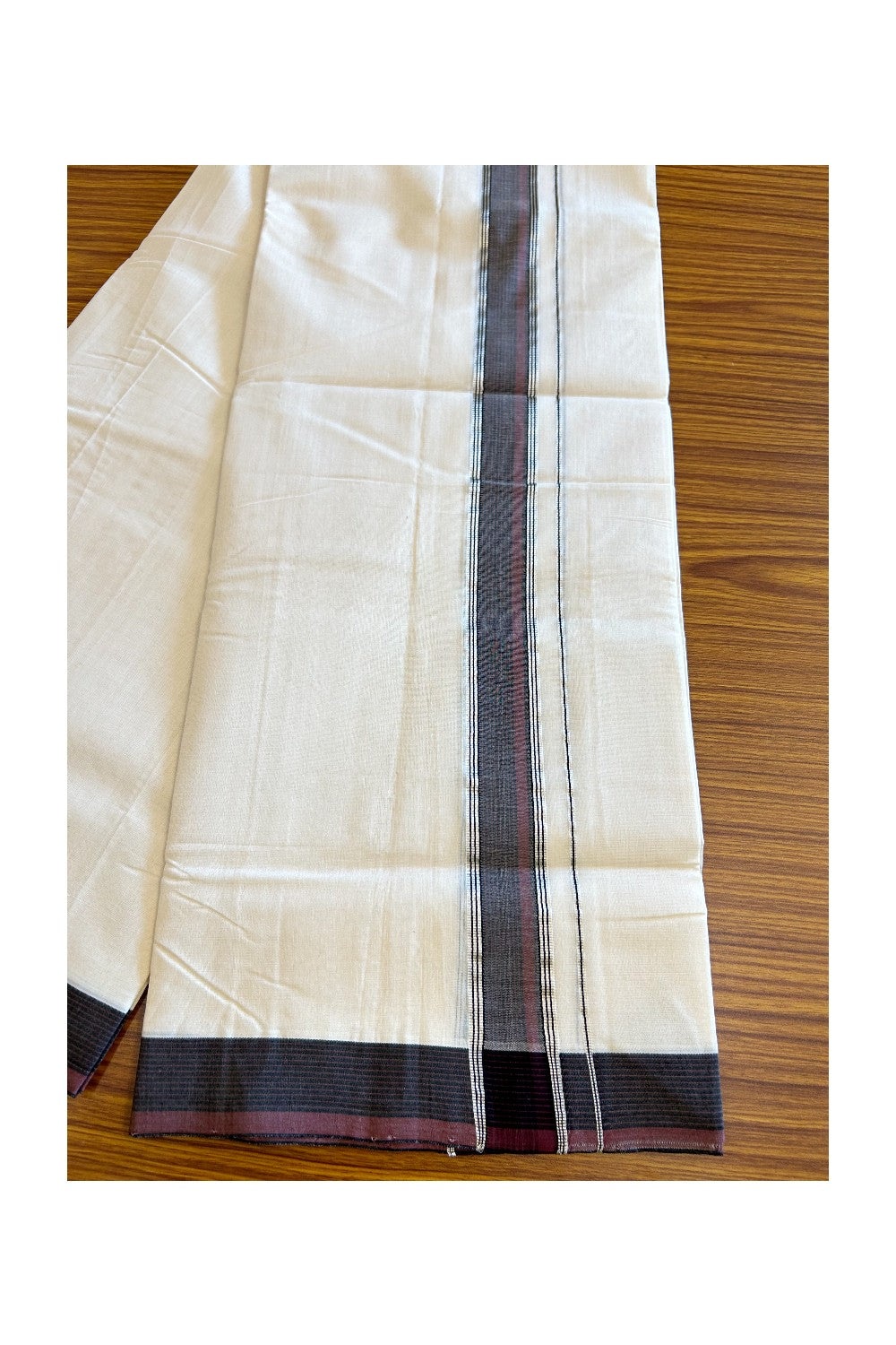 30% DISCOUNT! KaithariKada BALARAMAPURAM HANDLOOM UNAKKUPAAV - 100% PURE Cotton Off white (Unbleached) Double Mundu/Dhoti - 1.5 inch Maroon & Black Silver Kasav Kara - 10KK5123RAM