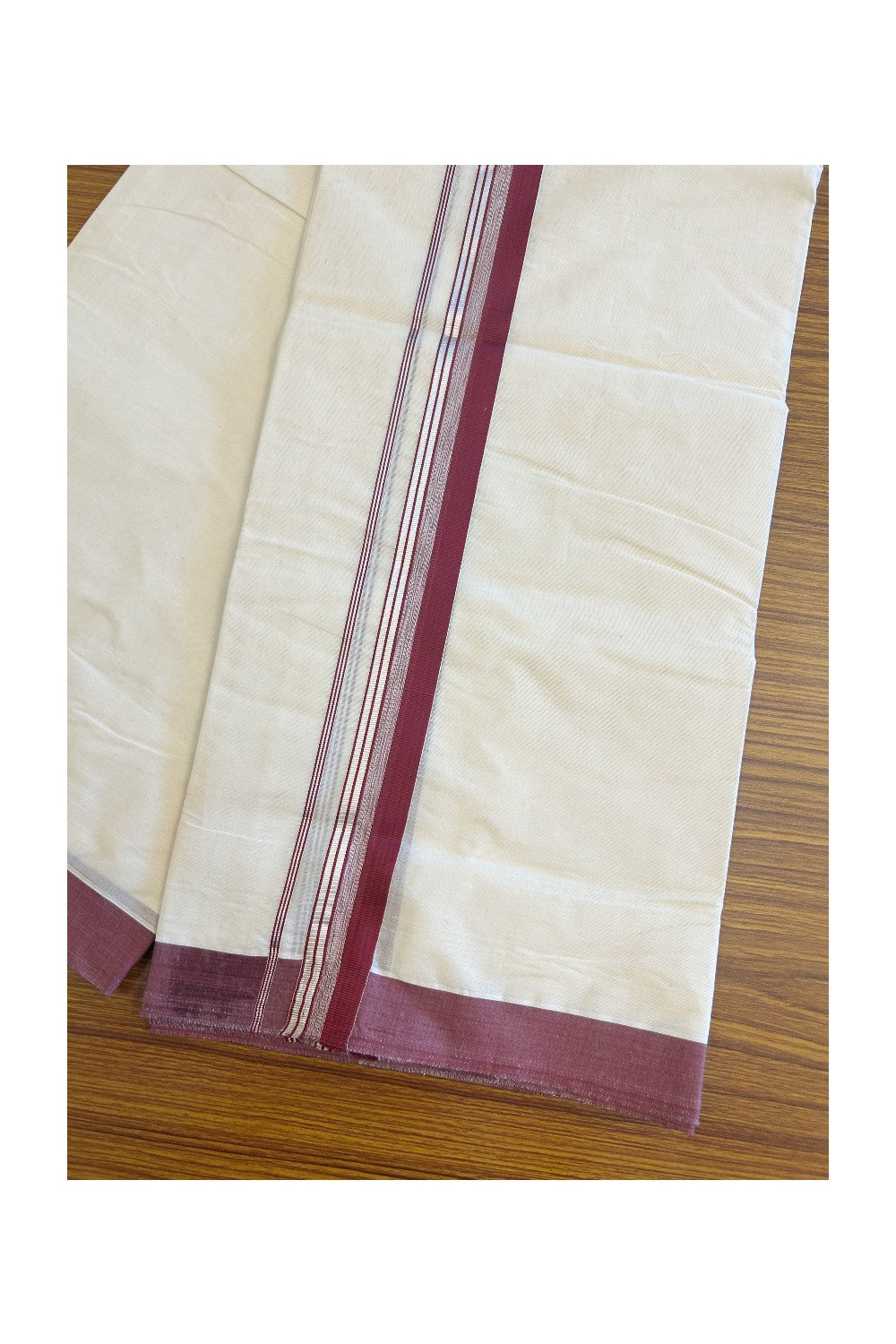 19% DISCOUNT ! KaithariKada 100% Cotton OFF WHITE (Unbleached) Double Dhoti/Mundu-100x100 - 2 inch Maroon & Silver Striped Kara 4.50 Meters - 10KK5133ASH