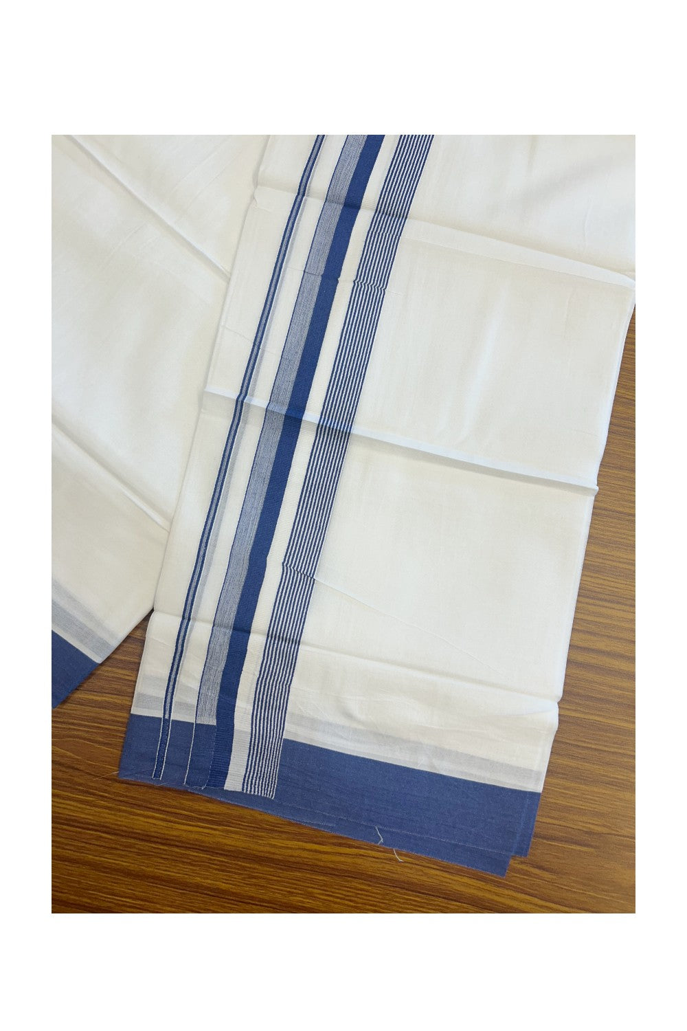 20% DISCOUNT! KaithariKada Balaramapuram 100% Cotton Double PURE white Mundu/Dhoti - 100x80 - 2 Inch Blue Striped Kara - 10KK5135GAN