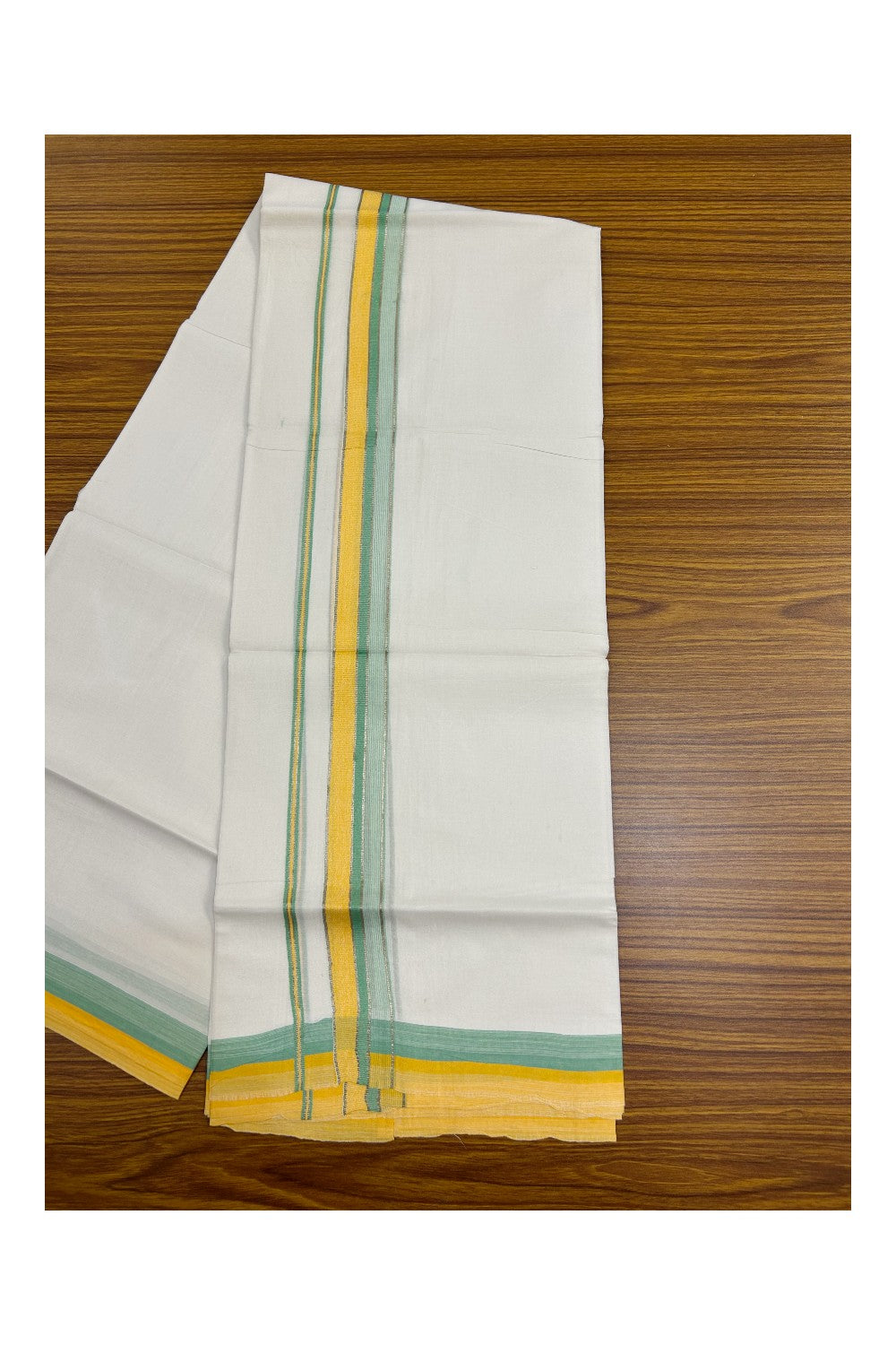 19% Discount !! KaithariKada Balaramapuram Double PURE WHITE Mundu/Dhoti- 100x80 - 1.25 inch Yellow Green Kara Silver Striped kara - 10KK5143PMC