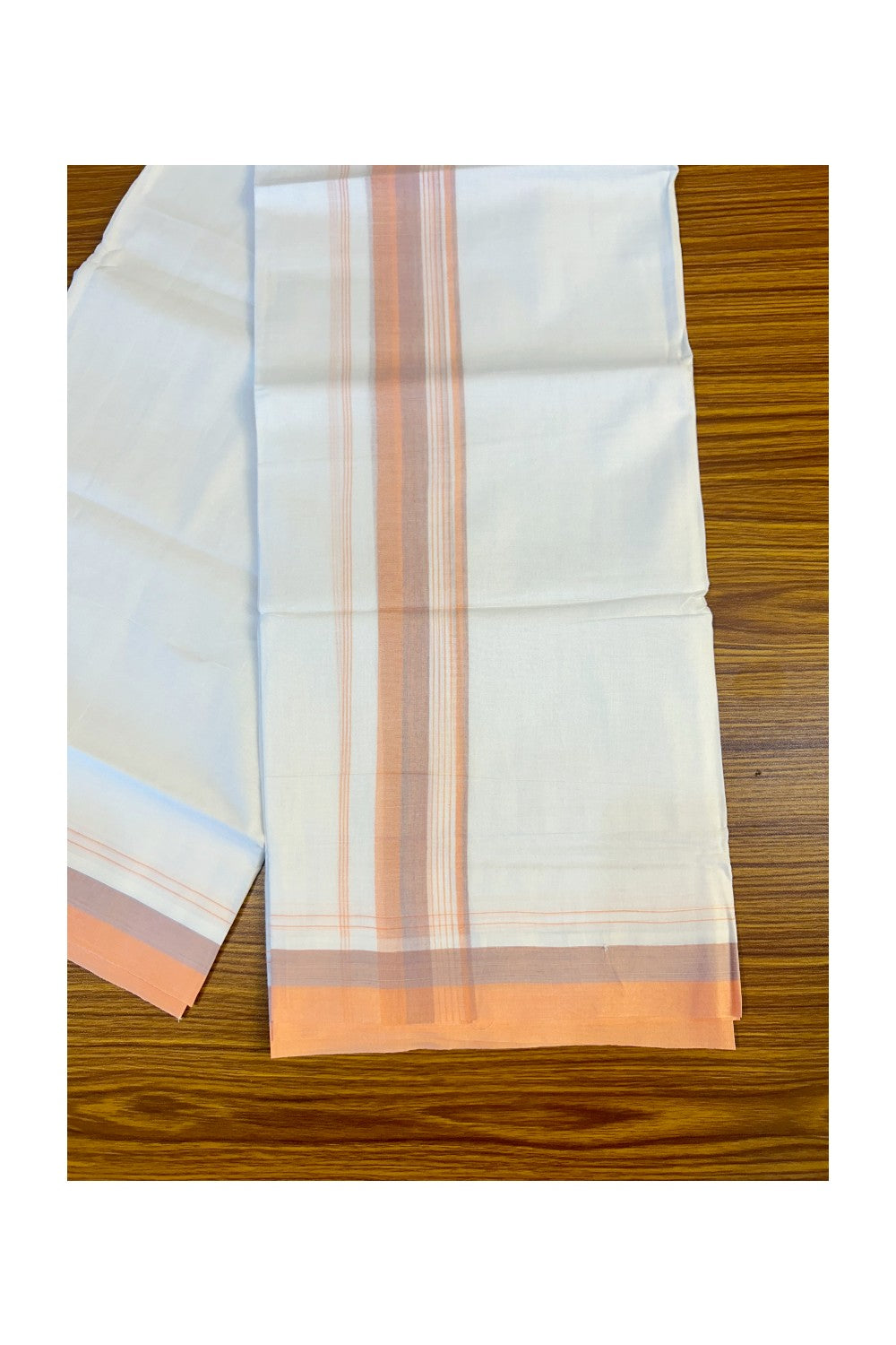 21% DISCOUNT!! Kaitharikada Balaramapuram 100% Cotton Ultra WHITE Double Mundu/Dothi-100x80 Peach & WHITE STRIPED Cotton Kara -10KK63VAS