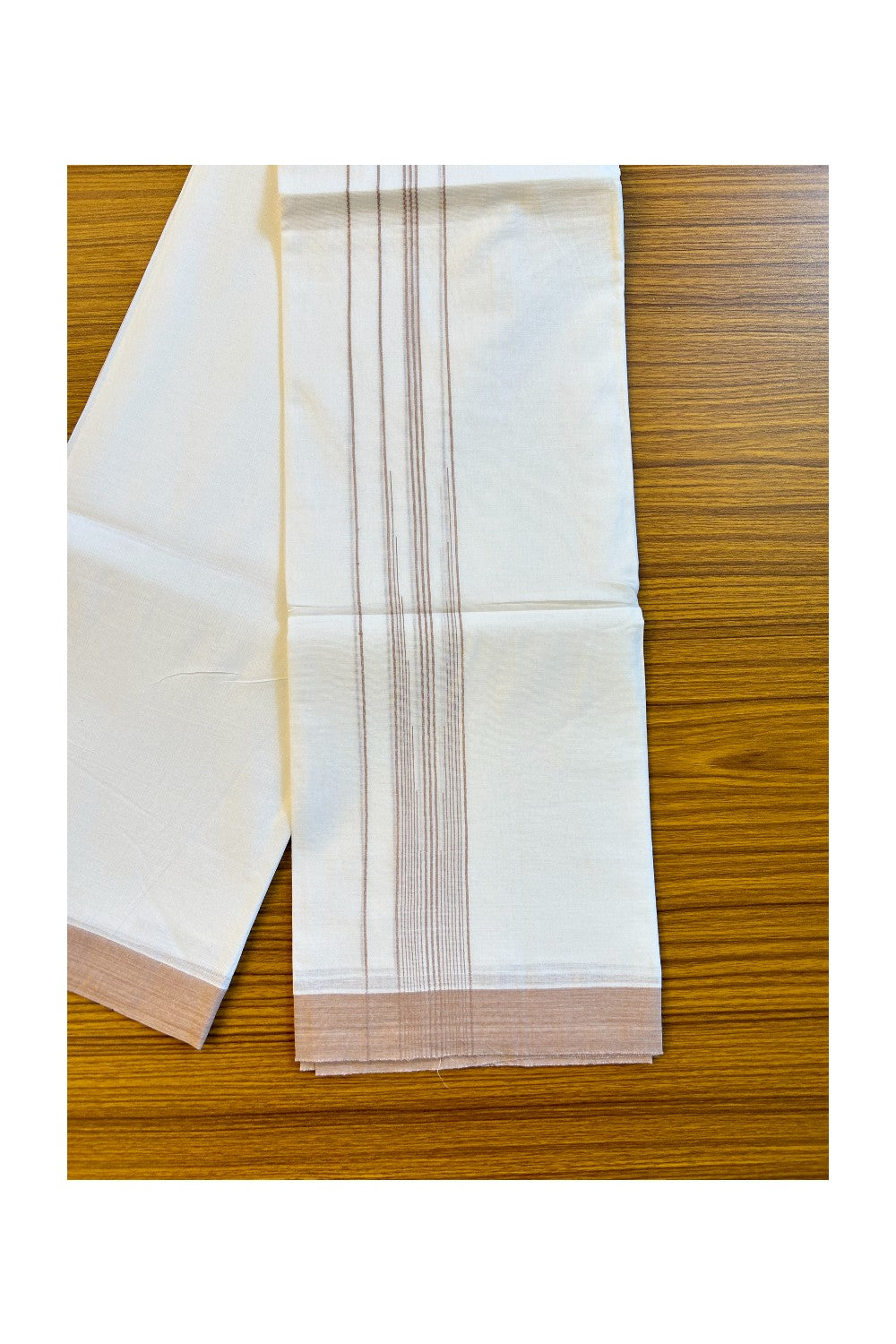 22% DISCOUNT!! Kaitharikada Balaramapuram 100% Cotton Ultra WHITE Double Mundu/Dothi-100x100  2.25 Inch LIGHT BROWN Striped Cotton Kara 3.80m- 10KK74RAM